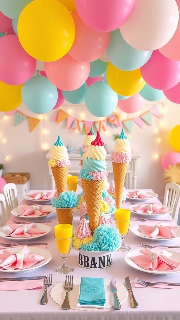 A colorful ice cream party table with balloons, centerpieces, and themed decorations.